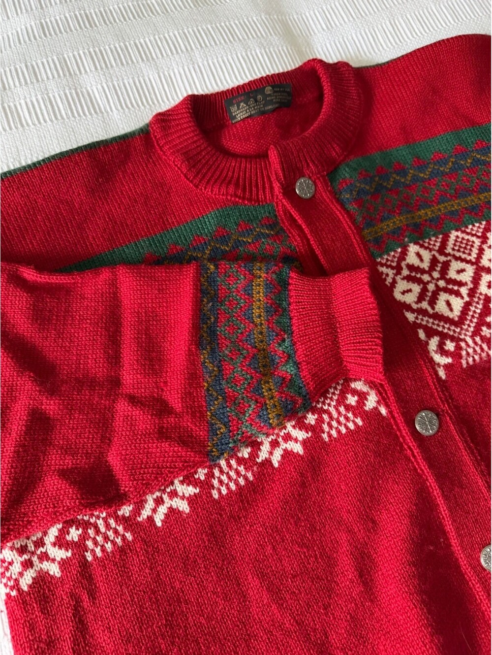 NORDSTRIKK Norway Wool Fair Isle Cardigan Sweater Large Ski Snowflake Red Green